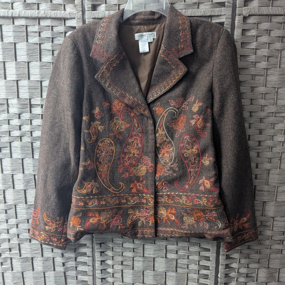 Vtg Coldwater Creek Blazer Brown Embroidered Paisley Wool Blend Jacket Sz M